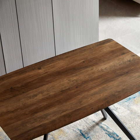 Modern Wood Top Dining Table With Sturdy Black Metal Base and Center Shelf For Kitchen Or Office with rounded edges.