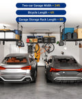 Two-car garage with Overhead Garage Storage Rack With 6 Hooks Heavy Duty Metal Ceiling Mount Adjustable storing tools and gear
