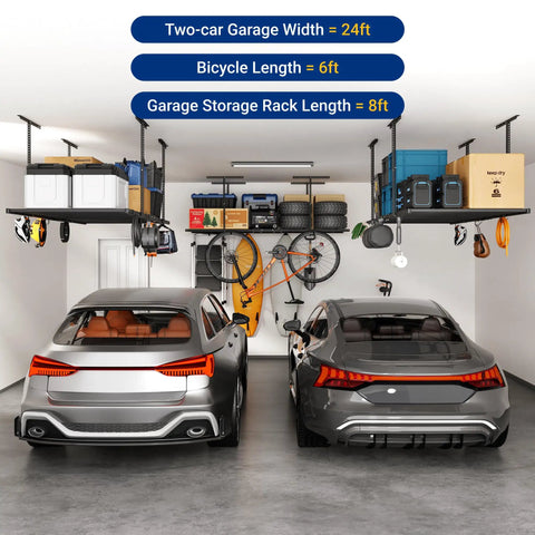 Two-car garage with Overhead Garage Storage Rack With 6 Hooks Heavy Duty Metal Ceiling Mount Adjustable storing tools and gear