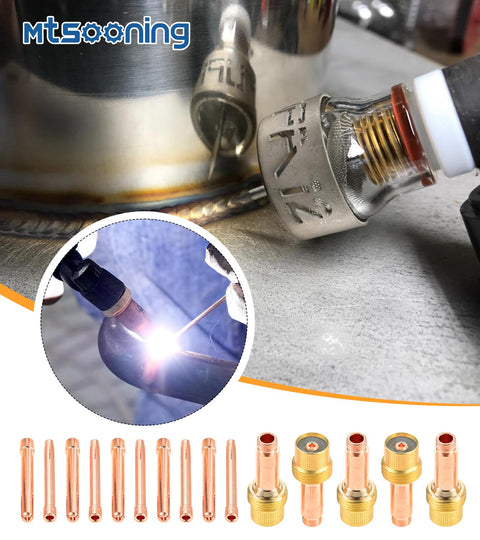 Pro TIG Welding Consumables Kit for WP Torches with gas lens collet bodies and copper collet tips in use.