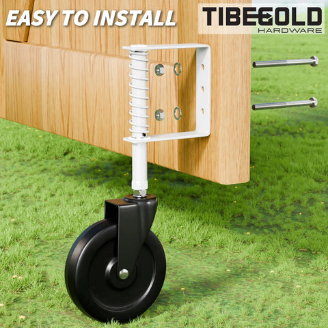 Heavy Duty 5 Inch Spring Loaded Gate Caster Smooth Operator Design For Outdoor Wooden Fences with black wheel and white housing.