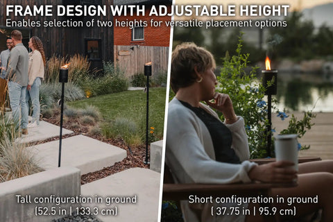 Mesa Torch 3 Pack Outdoor Backyard Torches With 5 Hour Burn Time In Cold Rolled Steel in tall and short configurations