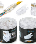 RJ45 Cat6 Pass Through Connectors and Strain Relief Boots Pack of 100 EZ to Crimp Modular Plugs with cable and packaging