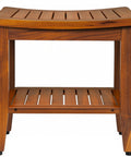 Front view of 20 Inch Teak Shower Bench Waterproof Wooden Chair For Indoor Use With Shelf, non-slip bath stool for bathroom.