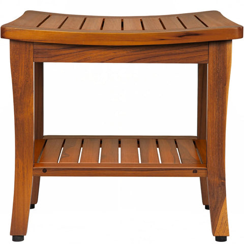 Front view of 20 Inch Teak Shower Bench Waterproof Wooden Chair For Indoor Use With Shelf, non-slip bath stool for bathroom.