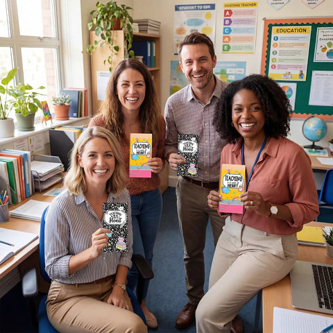 Group of four teachers holding Two Pack Teacher Sticky Notes Gift Set With 560 Self Adhesive Notepads in a classroom setting.