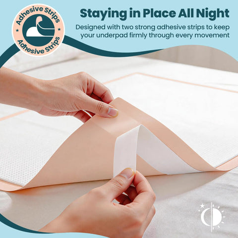Premium Heavy Duty Extra Large Disposable Bed Pads With Super Grippy Adhesive Strips 40 By 36 Inches Ultra Absorbent Adult Incontinence Underpads Total Mattress Armor 25 Count showing adhesive strips being applied.