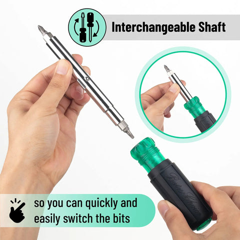 Person demonstrating 11-In-1 Screwdriver And Nut Driver Multi Tool With Phillips Flat Square And Star Bits For Electricians And DIY Pros.