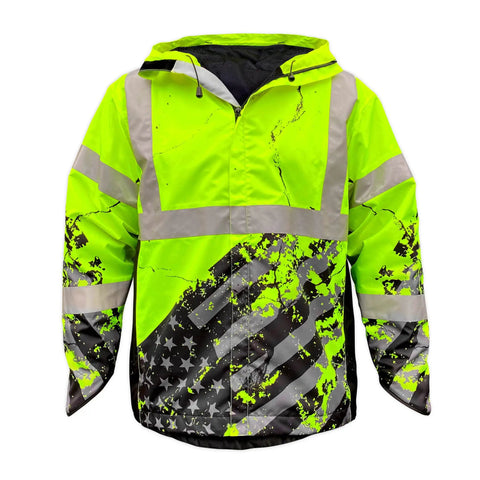 Hi Vis Rain Jacket For Men With Waterproof Shell And Mesh Lining, Drawcord Hood And Hem, Class 3 Type R, ANSI ISEA 107-2015, Yellow, X Large