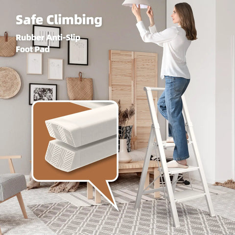 Aluminum 3 Step Foldable Ladder With U Shaped Handgrip Lightweight Home Utility Stool For Kitchen Garage Garden Indoor Outdoor Use Reach High Shelves And Cabinets, woman on 3-step ladder indoors