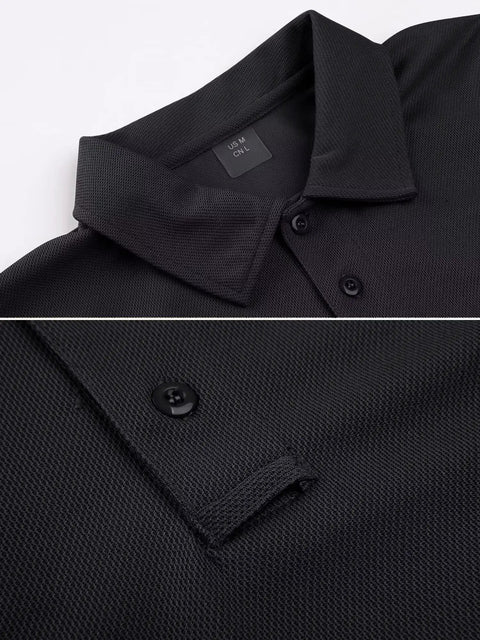 Close-up of Men's Black Quick-Dry Polo Shirt with spread collar and 3-button placket in polyester for work and tactical use
