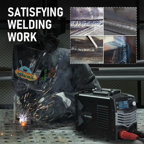Welder using 2 In 1 Stick And Lift TIG Welder 200A 110 And 220V MMA for home repairs, showing weld details and digital display