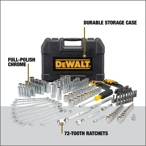 Mechanics Tool Set With One Quarter Inch And Three Eighths Inch Drives, 172-Piece, Durable Case With Metal Latches, Full Polish Chrome Finish, 72-Tooth Ratchets For Tight Spaces, Anti-Slip Bit Driver Handle, Perfect For Home Or Shop, displayed with case and tools on surface.