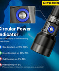 Close-up of Nitecore DL30 dive light with circular power indicator and 1100 lumen power, ideal for scuba night dives and deep-sea exploring.