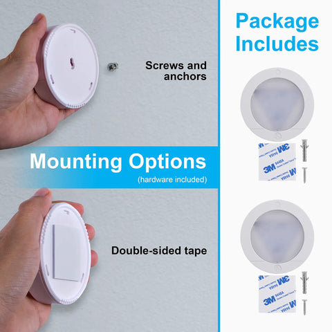 Under Cabinet LED Puck Lights Wireless Battery Operated Touch Activated Stick On Lighting For Kitchen Closet Pantry Bookshelf Garage Bright White 20 Lumen 6 Pack showing mounting options with screws and tape