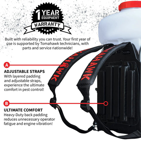 Backpack Mosquito Fogger and Garden Sprayer with Turbo Fogger, 3HP Power, close-up of adjustable padded straps and 3.7 gallon tank