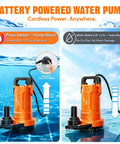 Plug And Play 1Hp Cordless Submersible Utility Pump Flows Like A Dream At 2113 Gph While Fully Ditching Cords For Quick Yard Or Tank Cleanup Projects in water with battery operation feature.