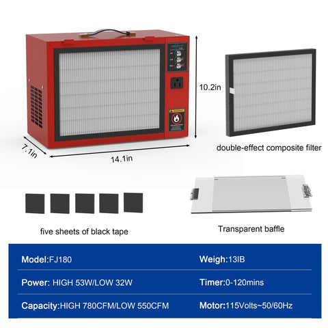 Portable Tabletop Air Filtration System For Woodworking 580-780 CFM Movable Dust Collector With Boss Vortex Fan shown with parts