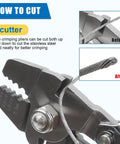 Close-up of Tough As Nails Stainless Steel Fishing Crimping Pliers Kit showing cutting function on wire.