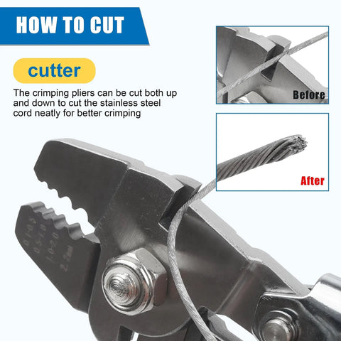 Close-up of Tough As Nails Stainless Steel Fishing Crimping Pliers Kit showing cutting function on wire.