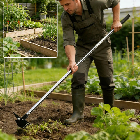 Gardener using 61 Inch Adjustable Weed Puller With Detachable Head, 2-In-1 Weed Rake And Crack Weeder, Stainless Steel Weeding Tool.