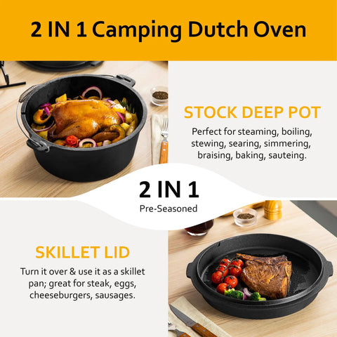 10 Qt Camping Dutch Oven With Lid For Oven Stove Grill Or Campfire Pre Seasoned Cast Iron Pot shown as deep pot and skillet lid