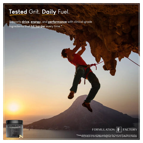 Rock climber at sunset with Self Obsessed Maxxed 10-In-1 Men's Vitality Formula With PrimaVie Shilajit, Tongkat Ali, KSM-66 bottle.