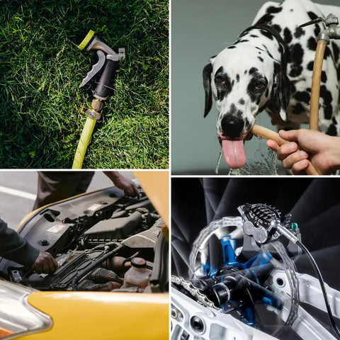 Collage depicting uses for Heavy Duty PEX Clamp Set With Pliers 130 Piece Pro Grade Stainless Steel Hose Clamps Kit in plumbing and automotive