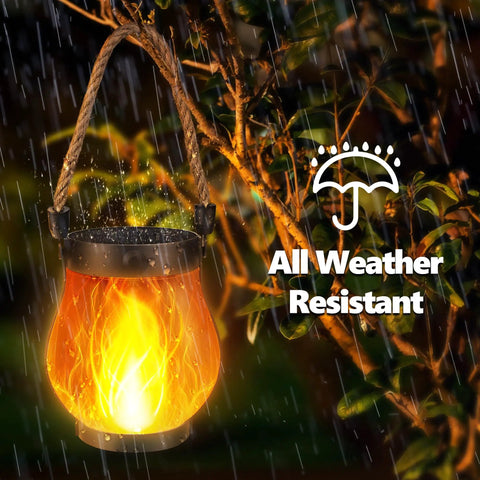 Ultra Real Flame Solar Lanterns Outdoor Waterproof 2 Pack With Dual Charging Modes Solar And USB Warm White Glow in rain