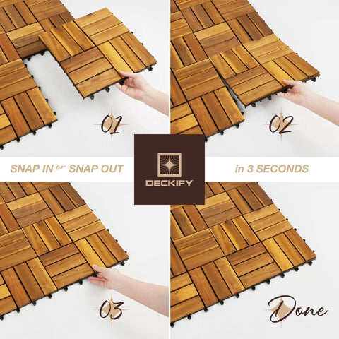 Top Shelf Nine Piece Solid Acacia Wood Interlocking Deck Tiles Non Slip Grooved Outdoor Flooring easy snap together setup shown in assembly.