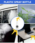 Plastic spray bottle being used in various settings: washing car, misting plant, styling hair, and cleaning desk.