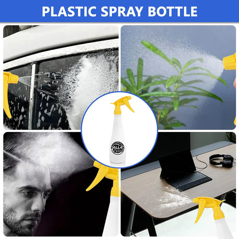 Plastic spray bottle being used in various settings: washing car, misting plant, styling hair, and cleaning desk.