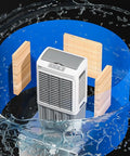 Heavy Duty Portable Swamp Cooler With 13.2 Gallon Water Tank And Six Frozen Ice Packs For Straight Up Sweat Free Relief Plus 120 Degree Oscillating Airflow, with water splash around.