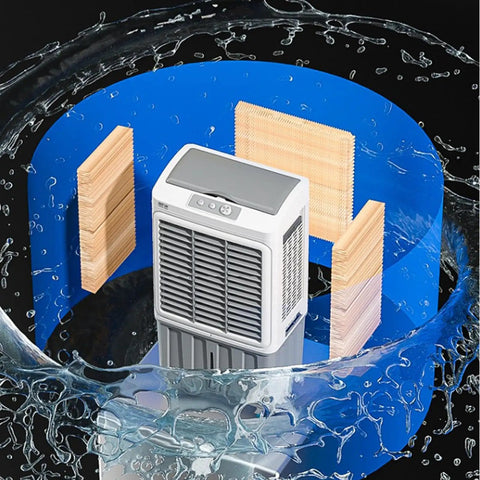 Heavy Duty Portable Swamp Cooler With 13.2 Gallon Water Tank And Six Frozen Ice Packs For Straight Up Sweat Free Relief Plus 120 Degree Oscillating Airflow, with water splash around.