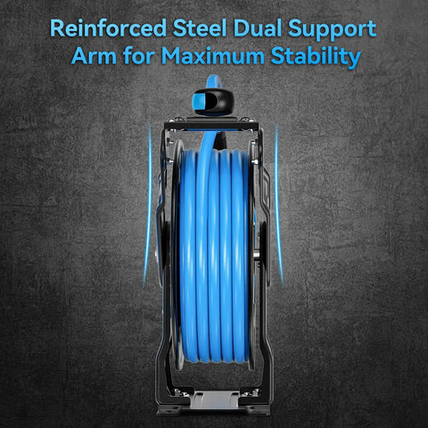 Heavy Duty Retractable Air Hose Reel Featuring Smooth Auto Rewind Action And Sixty Five Foot Industrial Compressor Hose with reinforced steel arm.
