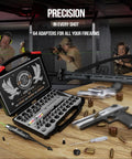 No-Fuss Tool Free Green Laser Bore Sight Kit With 64 Upgraded Adapters For Calibers From .17 To 12 Gauge on display at shooting range