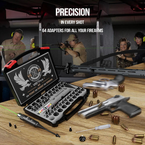 No-Fuss Tool Free Green Laser Bore Sight Kit With 64 Upgraded Adapters For Calibers From .17 To 12 Gauge on display at shooting range