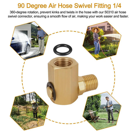 90 Degree Brass Air Swivel Fitting For Air Hose Reels, 1 Quarter FPT To 1 Quarter MPT Connector, Beefy 5000 PSI Sprung Swivel Joint For Heavy Duty Lines And Hoses brass swivel fitting