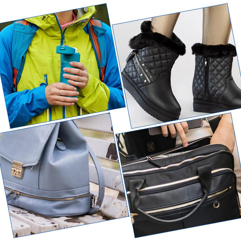 Collage of outdoor gear and accessories, including a jacket, winter boots, leather bag, and travel bag, displayed in various settings.