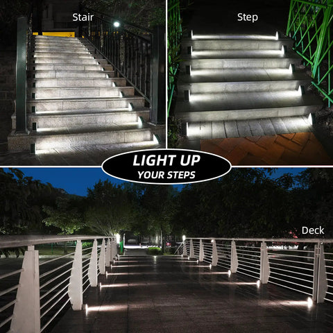 Six Pack Solar Step Lights Outdoor IP67 Waterproof Auto On Off Cool White Led Stair Lights illuminating stairs and deck