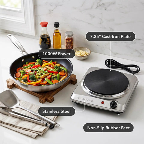 Electric Countertop Single Burner Cooktop 1000W With 7.25 Inch Cast Iron Plate and vegetables on countertop