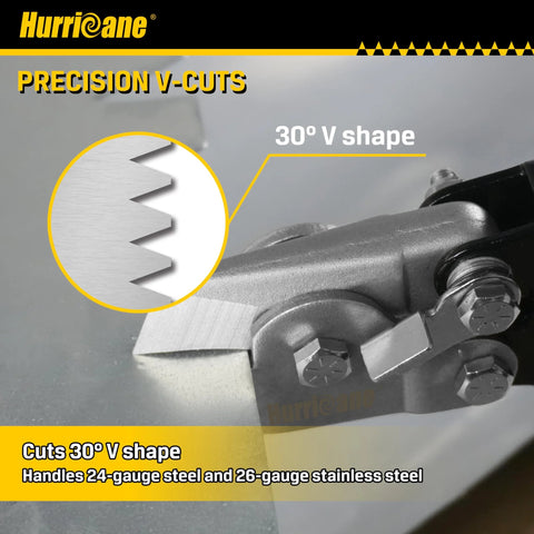 Hurricane sheet metal V-notch hand tool, 30° V-cut, steel blade, front view