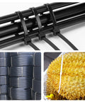 Collage of Heavy Duty 18 Inch Black Zip Ties 9mm Wide 200 Lb Tensile Strength 100 Pack securing pipes, coiled cables, and fruit.