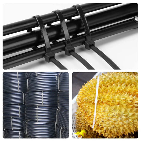 Collage of Heavy Duty 18 Inch Black Zip Ties 9mm Wide 200 Lb Tensile Strength 100 Pack securing pipes, coiled cables, and fruit.