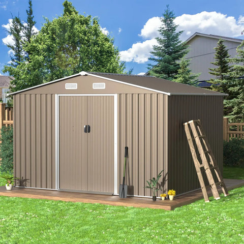10 Foot By 8 Foot Outdoor Storage Shed Made From Galvanized Metal With Vents And Sliding Door Waterproof Garden Tool Shed