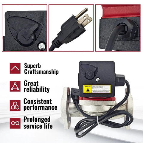 Heavy Duty Stainless Steel 3 Speed Hot Water Circulator Pump Delivering Kickin Flow Rates with power switch and plug.