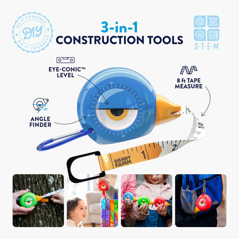 Kid Friendly 8 Foot Tape Measure With Blue Bird Design STEM Educational Tool Featuring Level And Protractor in use