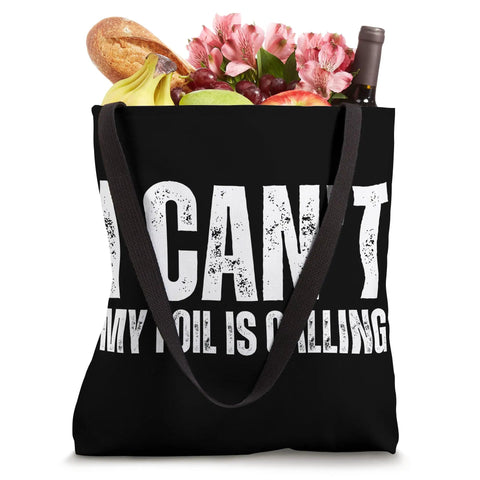 I Cant My Foil Is Calling Wing Foil Tote Bag For Wingfoiling Enthusiasts with groceries inside, black design, dual 14 inch handles