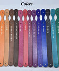 Grab These Straight Up Smooth Vegetable Tanned Leather Keychain Blanks 10 Pack Diy Craft Kit With Solid Rings And Rivets Totally Rad Hand Dyed Cowhide Perfect For Stamping Engraving And Custom Maker Projects color swatches in yellow, orange, tan, light brown, dark brown, pink, red, burgundy, lavender, purple, blue, black, turquoise, green.