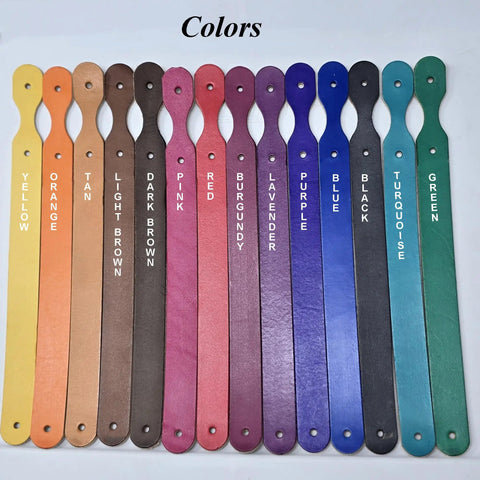 Grab These Straight Up Smooth Vegetable Tanned Leather Keychain Blanks 10 Pack Diy Craft Kit With Solid Rings And Rivets Totally Rad Hand Dyed Cowhide Perfect For Stamping Engraving And Custom Maker Projects color swatches in yellow, orange, tan, light brown, dark brown, pink, red, burgundy, lavender, purple, blue, black, turquoise, green.